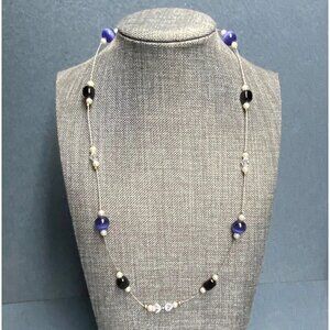 Vintage Beaded Necklace 21 In Pearl Indigo Purple Black Gold Silver Wire Toggle